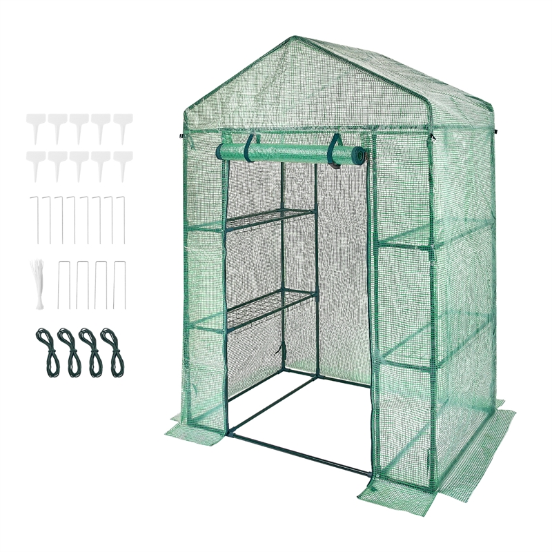 4.6ft Green Steel Walk-in Greenhouse with Shelves and High Strength PE Cover