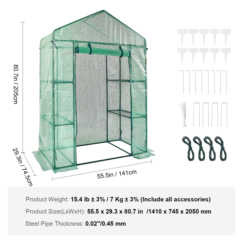 4.6ft Green Steel Walk-in Greenhouse with Shelves and High Strength PE Cover
