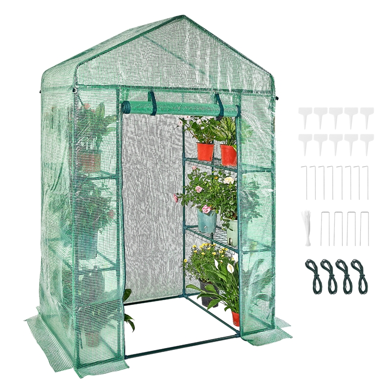 4.6ft Green Steel Walk-in Greenhouse with Shelves and High Strength PE Cover