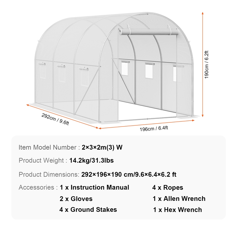 White Steel 9.58x6.43x6.23ft Walk-in Tunnel Greenhouse with PE Cover