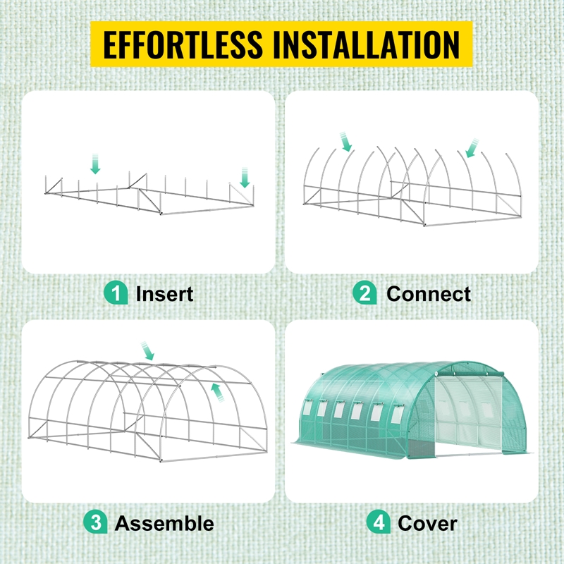 Green Steel Walk in Tunnel Greenhouse with 12 Roll up Windows