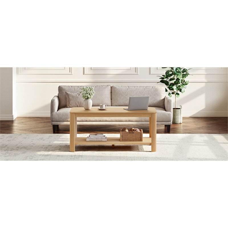 Arc Corner Wood Coffee Table with Storage Shelf  natural