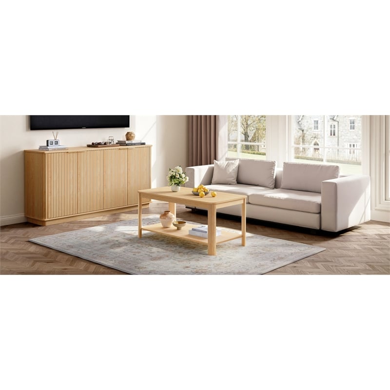 Arc Corner Wood Coffee Table with Storage Shelf  natural