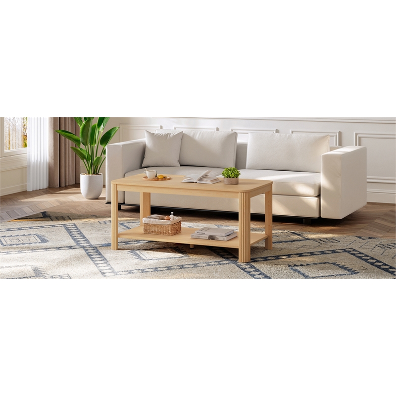Arc Corner Wood Coffee Table with Storage Shelf  natural