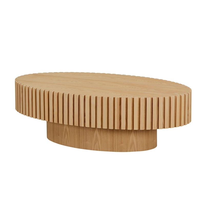 Modern Oval Drum Coffee Table 43.7  Natural Ash MDF Pedestal Base
