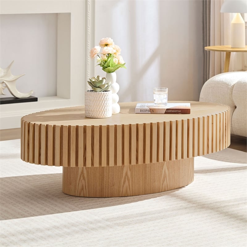 Modern Oval Drum Coffee Table 43.7  Natural Ash MDF Pedestal Base