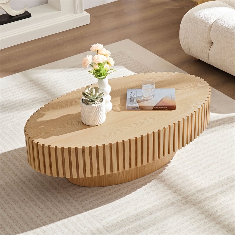 Modern Oval Drum Coffee Table 43.7  Natural Ash MDF Pedestal Base