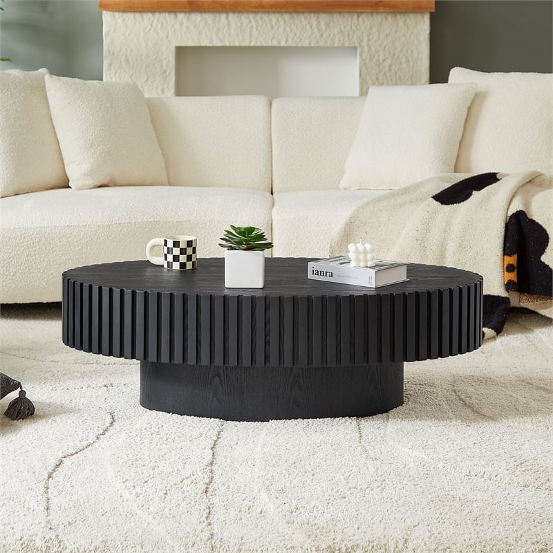 Modern Black Oval Coffee Table with Pedestal Base 43.7  MDF