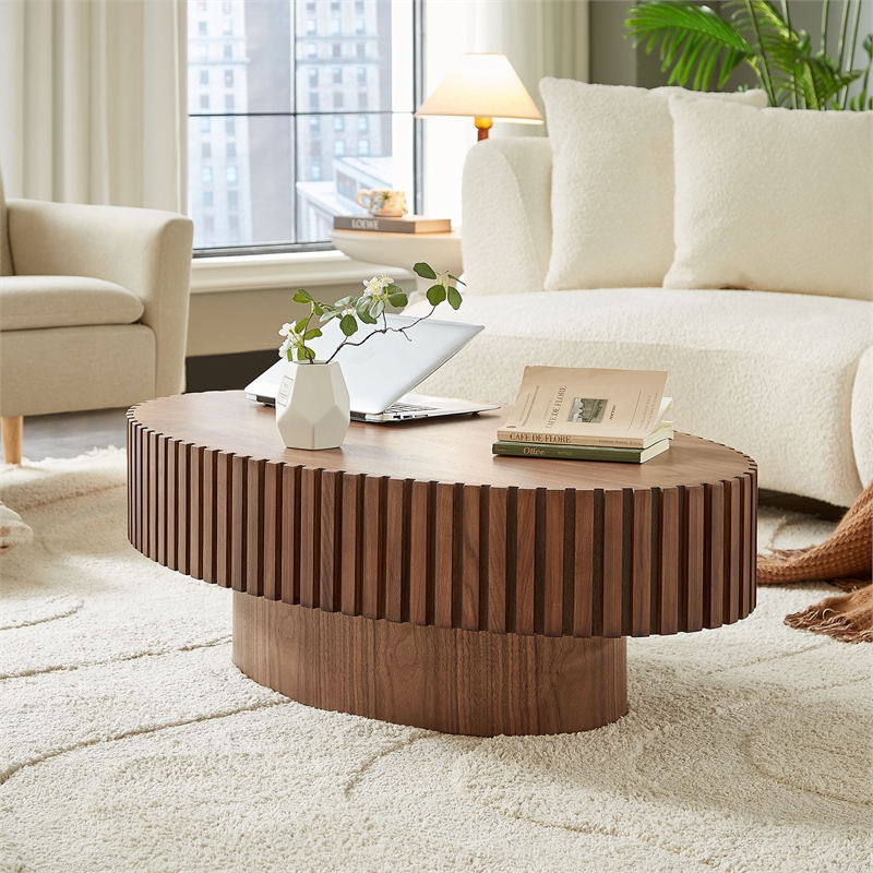 Walnut Oval Drum Coffee Table with Pedestal Base 43.7