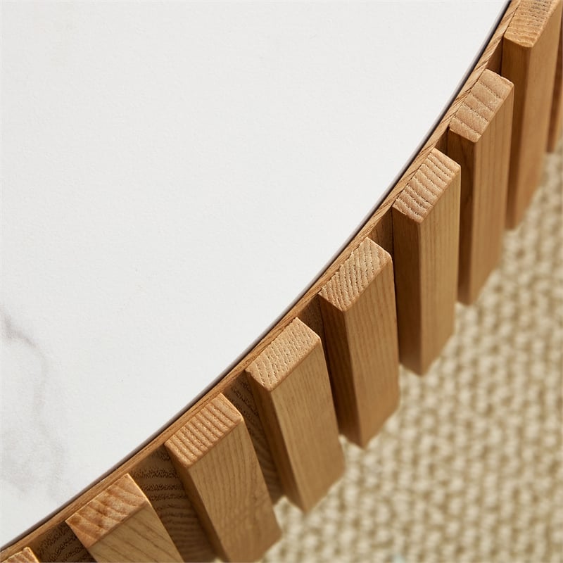 Modern Round Sintered Stone Coffee Table 35.43 Drum Table Oak Finish
