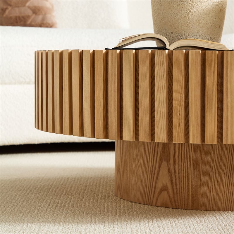Modern Round Sintered Stone Coffee Table 35.43 Drum Table Oak Finish