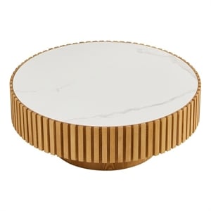 Modern Round Sintered Stone Coffee Table 35.43 Drum Table Oak Finish