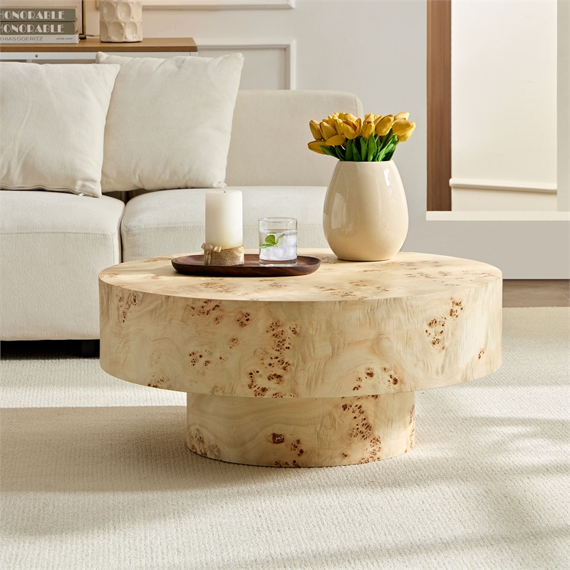 31.5 Round Burl Wood Coffee Table with Pedestal Base