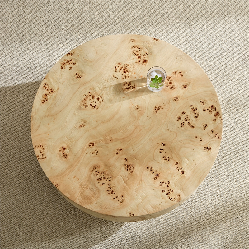 31.5 Round Burl Wood Coffee Table with Pedestal Base