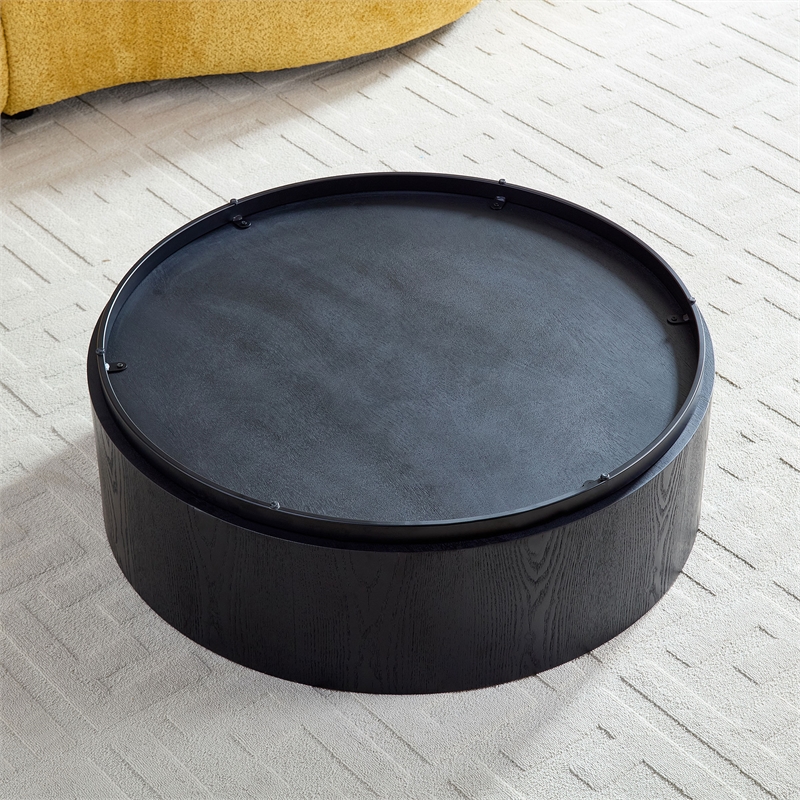Black Round MDF Coffee Table 35.4 Modern Drum Center Table No Assembly