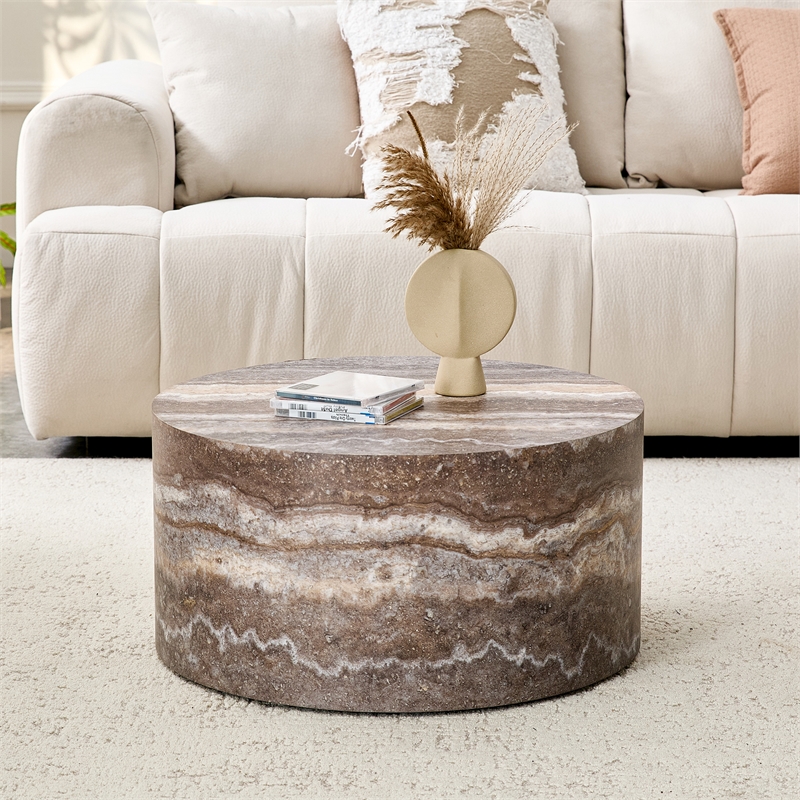 Gray wood Round Coffee Table 23.6 Modern Stone Pattern