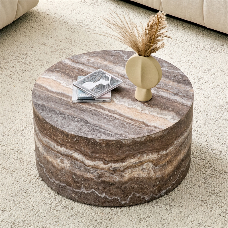 Gray wood Round Coffee Table 23.6 Modern Stone Pattern