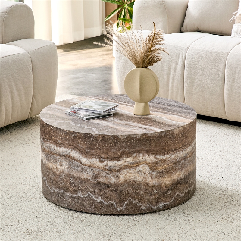 Gray wood Round Coffee Table 23.6 Modern Stone Pattern