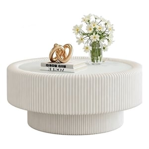 31.5&quot Round White Fluted Coffee Table with Glass Top  Hidden Leather Storage