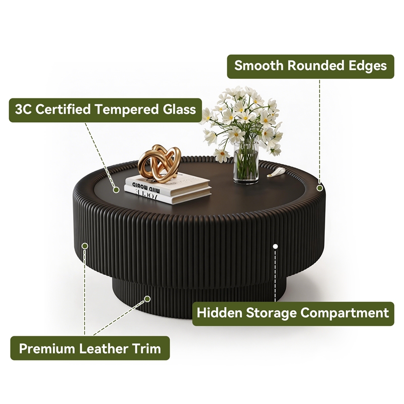 31.5 Black Fluted Coffee Table with Glass Top  Leather Storage