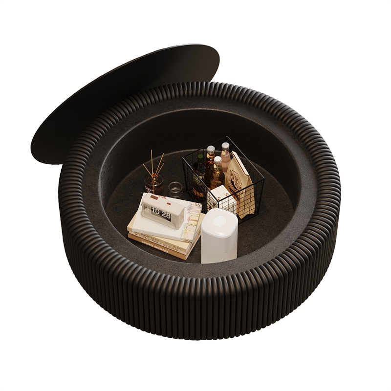 31.5 Black Fluted Coffee Table with Glass Top  Leather Storage