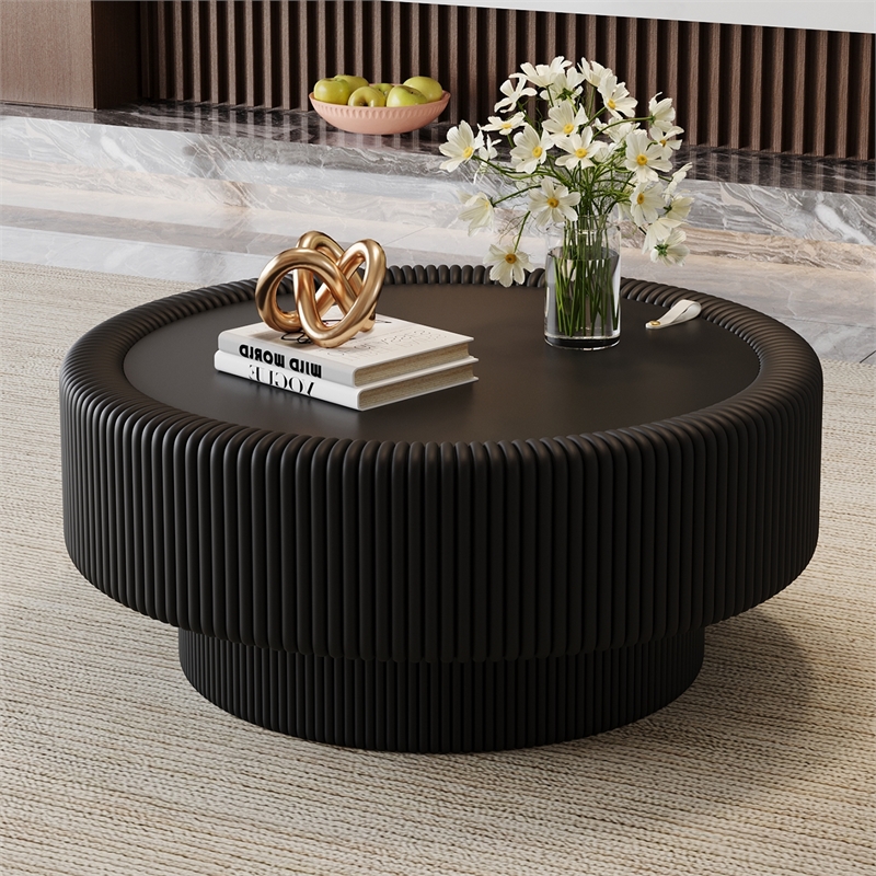 31.5 Black Fluted Coffee Table with Glass Top  Leather Storage