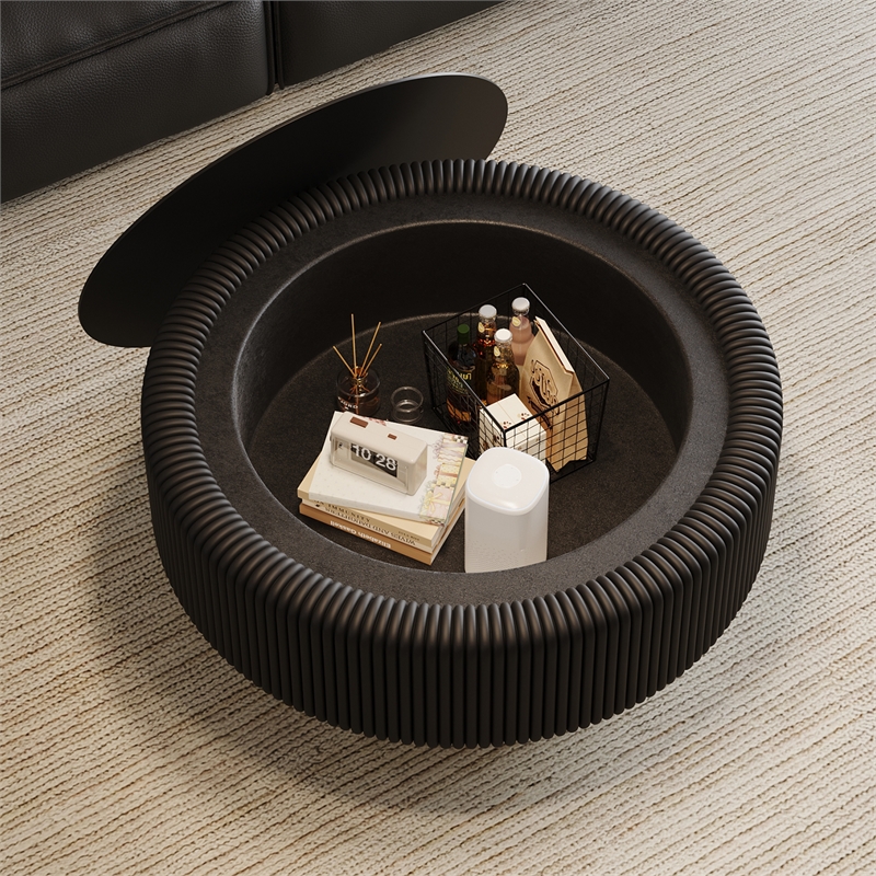31.5 Black Fluted Coffee Table with Glass Top  Leather Storage