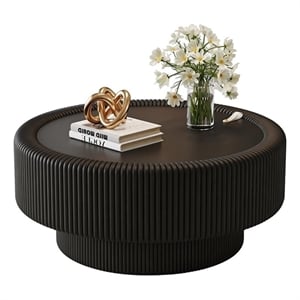 31.5 Black Fluted Coffee Table with Glass Top  Leather Storage