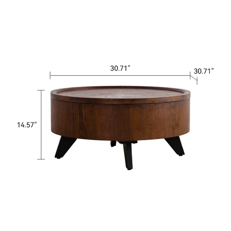 30.7  Round Coffee Table with Hidden Storage Walnut Wood  Black Legs