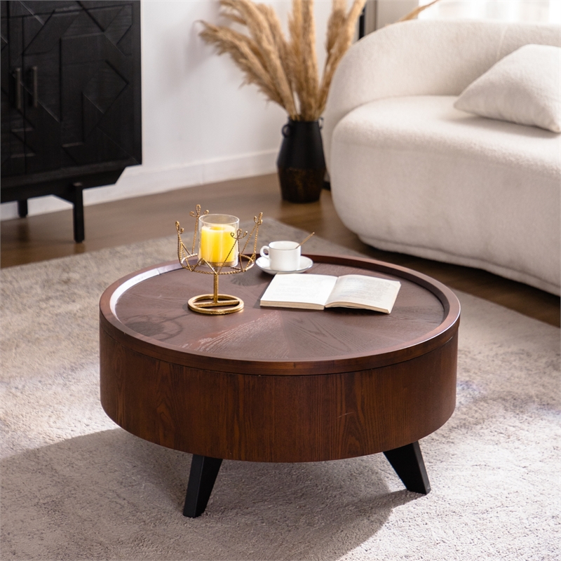 30.7  Round Coffee Table with Hidden Storage Walnut Wood  Black Legs