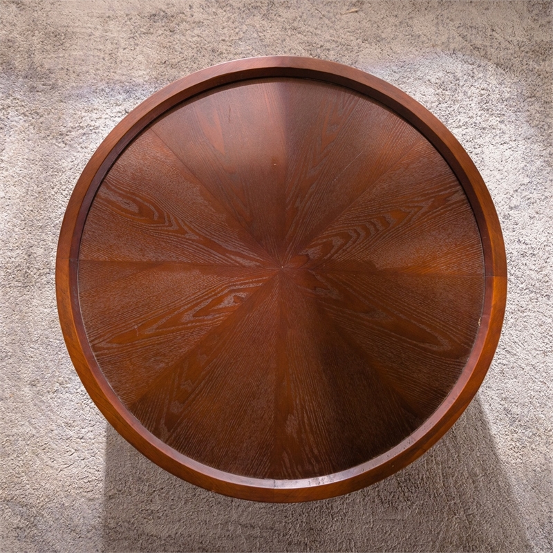 30.7  Round Coffee Table with Hidden Storage Walnut Wood  Black Legs