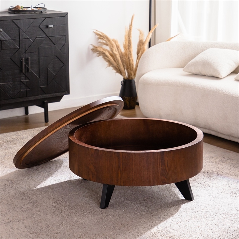 30.7  Round Coffee Table with Hidden Storage Walnut Wood  Black Legs