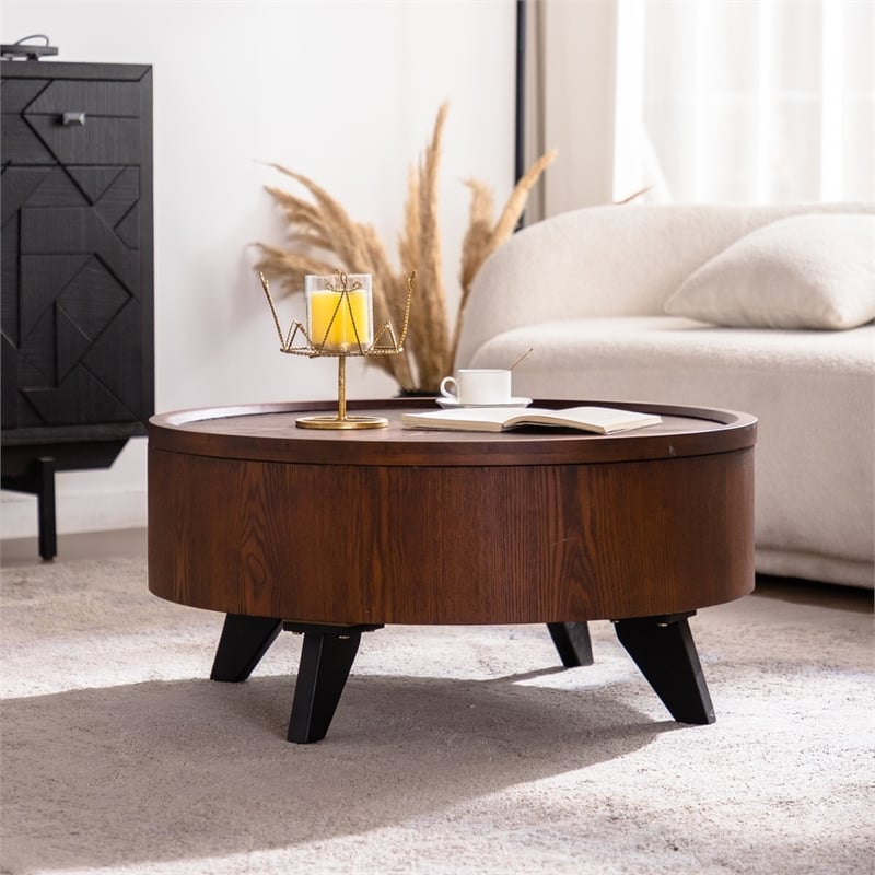 30.7  Round Coffee Table with Hidden Storage Walnut Wood  Black Legs