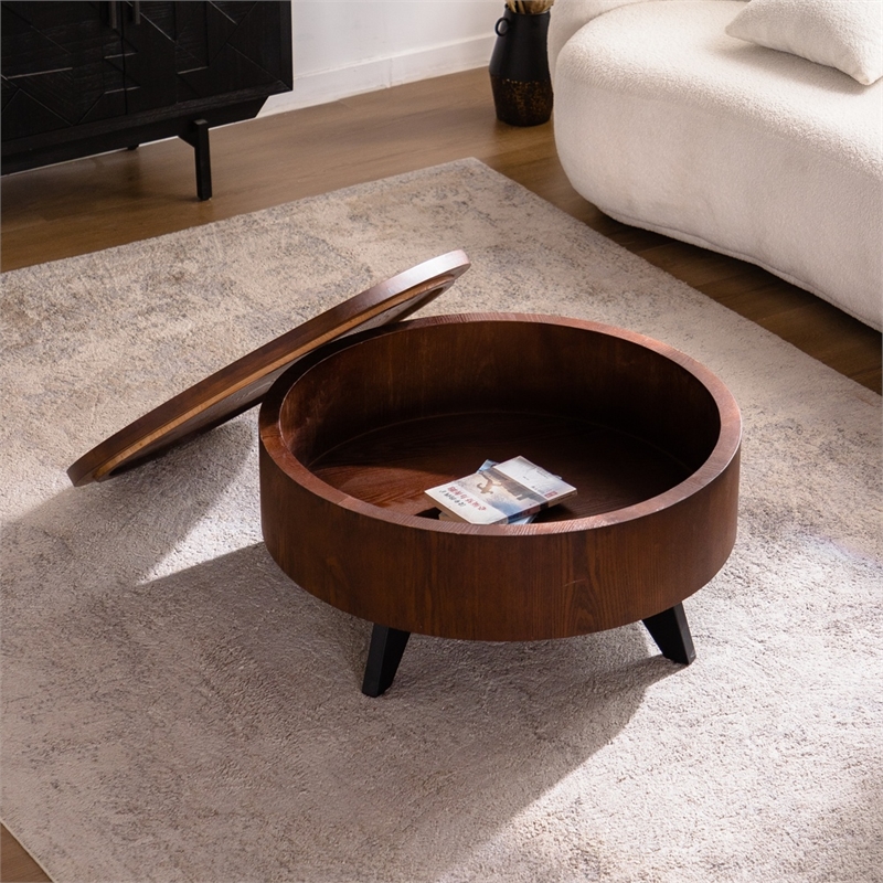 30.7  Round Coffee Table with Hidden Storage Walnut Wood  Black Legs