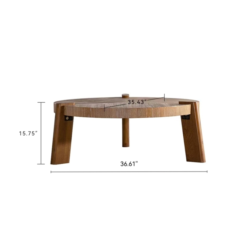 36.6 Round Herringbone Rustic Coffee Table  Natural Wood Finish