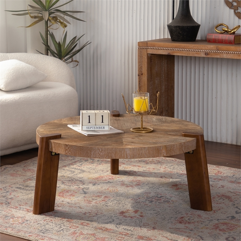 36.6 Round Herringbone Rustic Coffee Table  Natural Wood Finish