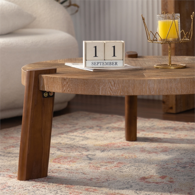 36.6 Round Herringbone Rustic Coffee Table  Natural Wood Finish