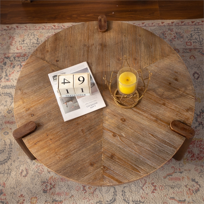 36.6 Round Herringbone Rustic Coffee Table  Natural Wood Finish