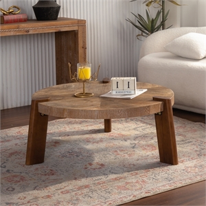36.6 Round Herringbone Rustic Coffee Table  Natural Wood Finish