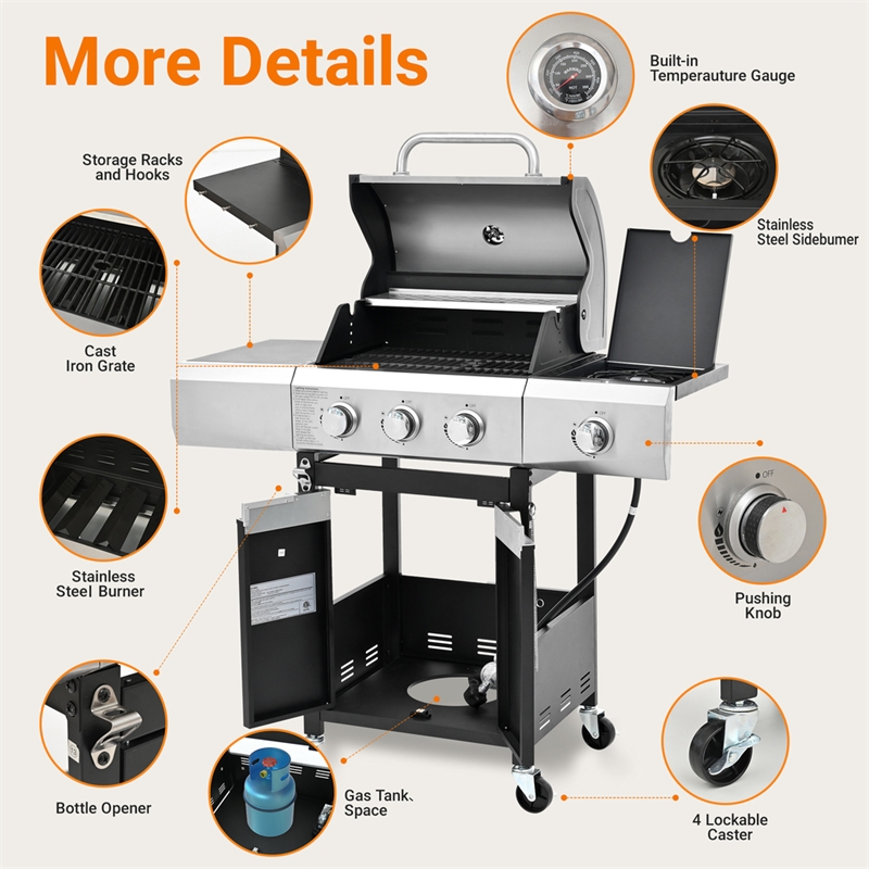 3 Burner PropaneGas Grill Side Burner 40500 BTU Stainless Steel