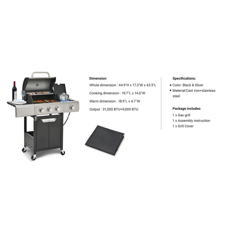 3 Burner PropaneGas Grill Side Burner 40500 BTU Stainless Steel