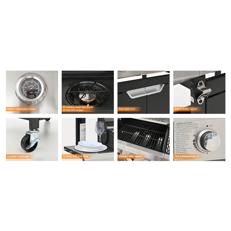 3 Burner PropaneGas Grill Side Burner 40500 BTU Stainless Steel
