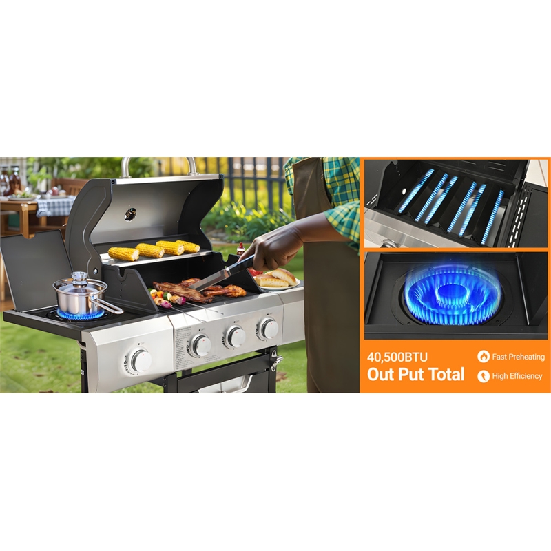 3 Burner PropaneGas Grill Side Burner 40500 BTU Stainless Steel