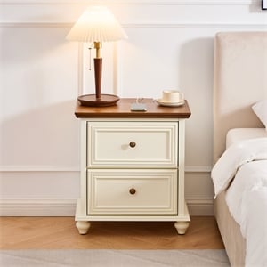 22.9&quot Mid Century Modern Solid Wood Nightstand with 2 Drawers & Charging Station