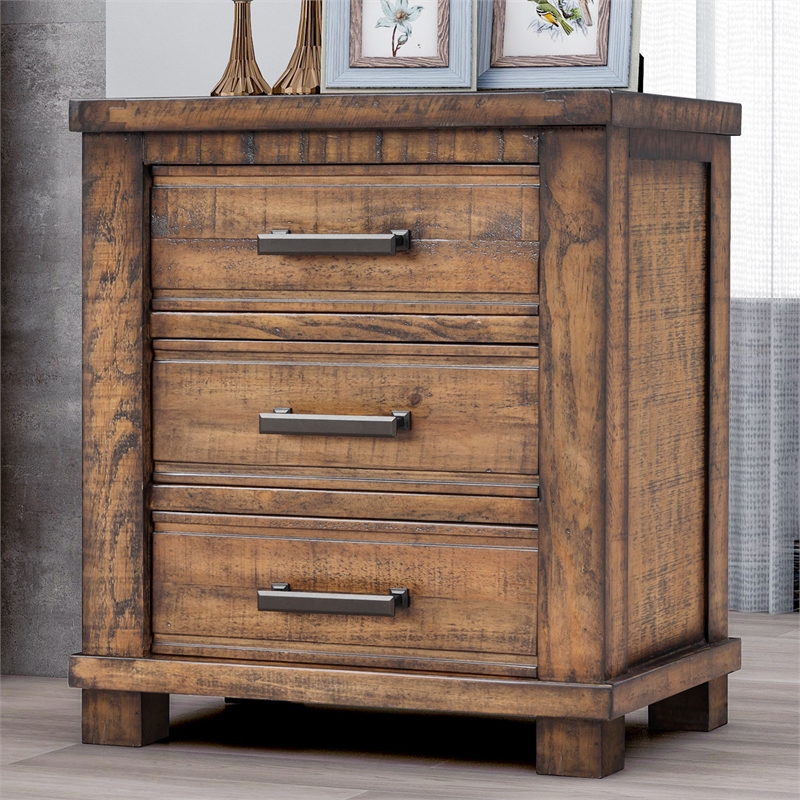 Rustic 3-Drawer Solid Wood Farmhouse Nightstand