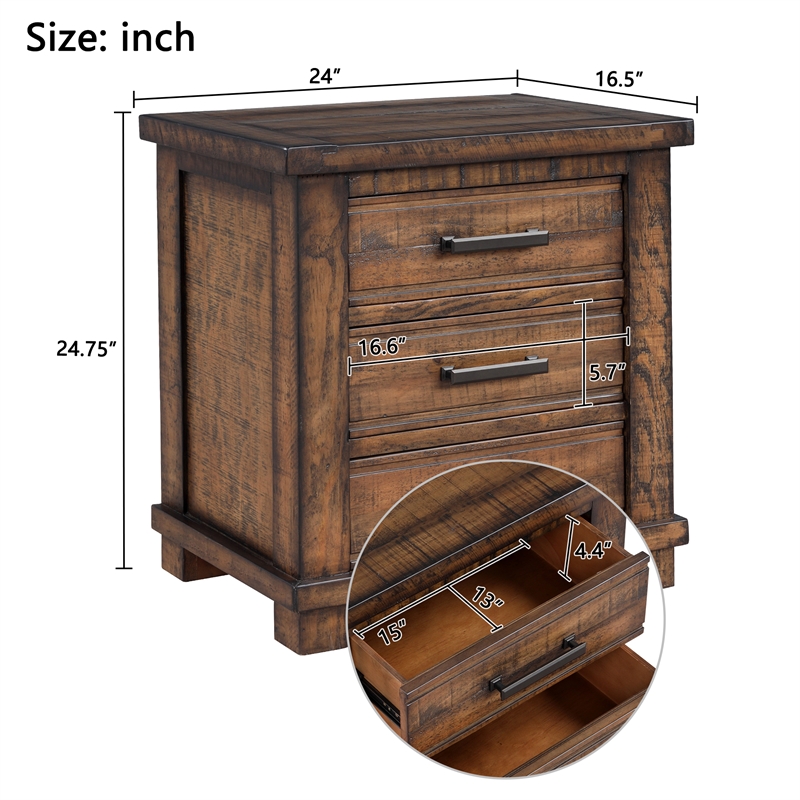 Rustic 3-Drawer Solid Wood Farmhouse Nightstand