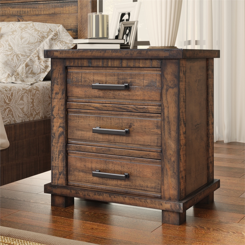 Rustic 3-Drawer Solid Wood Farmhouse Nightstand