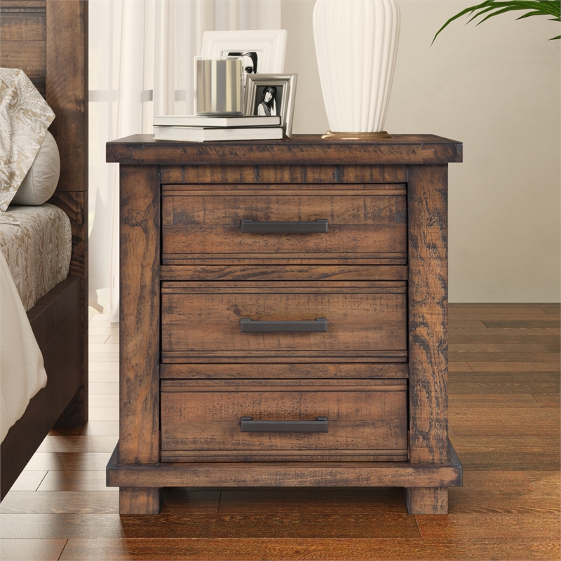 Rustic 3-Drawer Solid Wood Farmhouse Nightstand