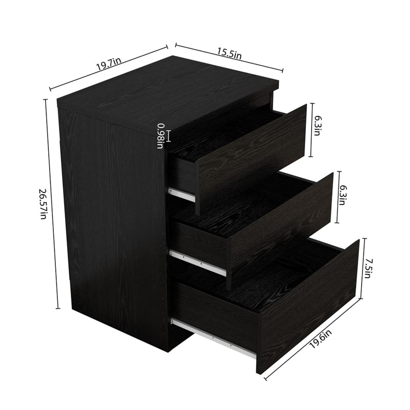 19.7-Inch Black Solid Wood Nightstand with 3 Drawers and Storage Cabinet