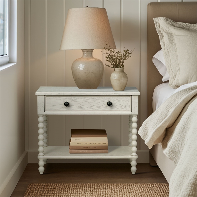 Antique Cream Large Solid Wood Nightstand beige